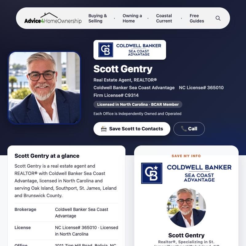 An agent's public profile page on Advice4Homeownership with brokerage, license and areas served